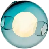 Bocci 28 pendant light, blue glass, spherical shape with internal white glow and two darker blue elongated forms suspended within.